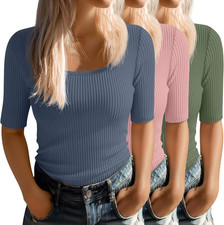 3 Pack Women'S Half Sleeve Tops Ribbed Elbow Length Shirts Scoop Neck Slim Fit S