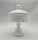 Colony Glass Lid & Compote Kings Crown Thumbprint Indiana White Milk  Rare Vtg