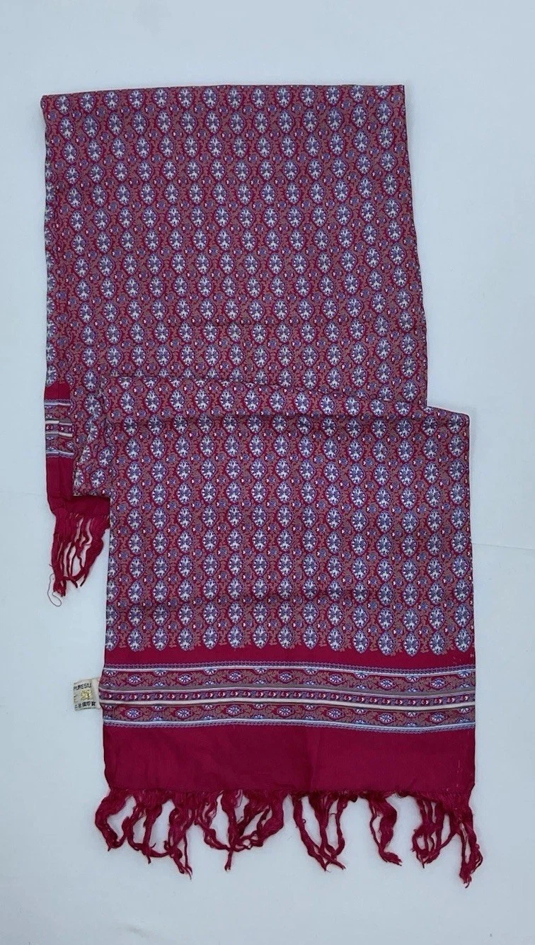 VINTAGE Men’s Silk Geometric Fringed Layered Scarf In Burgundy Red 50"/11" IN EC