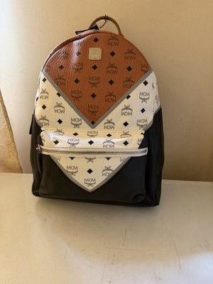 MCM Men's Backpack Brown White Black Logo Print Zip Adjustable Strap