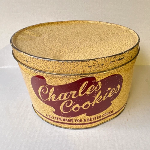 Charles Cookies Advertising Tin Canister w/ Lid Gold/Red "A Better Name..."