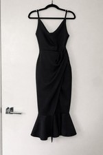 ASOS Black Satin Bodycon Midi Dress V-Neck Ruffle Hem Strappy Sleeveless US 2