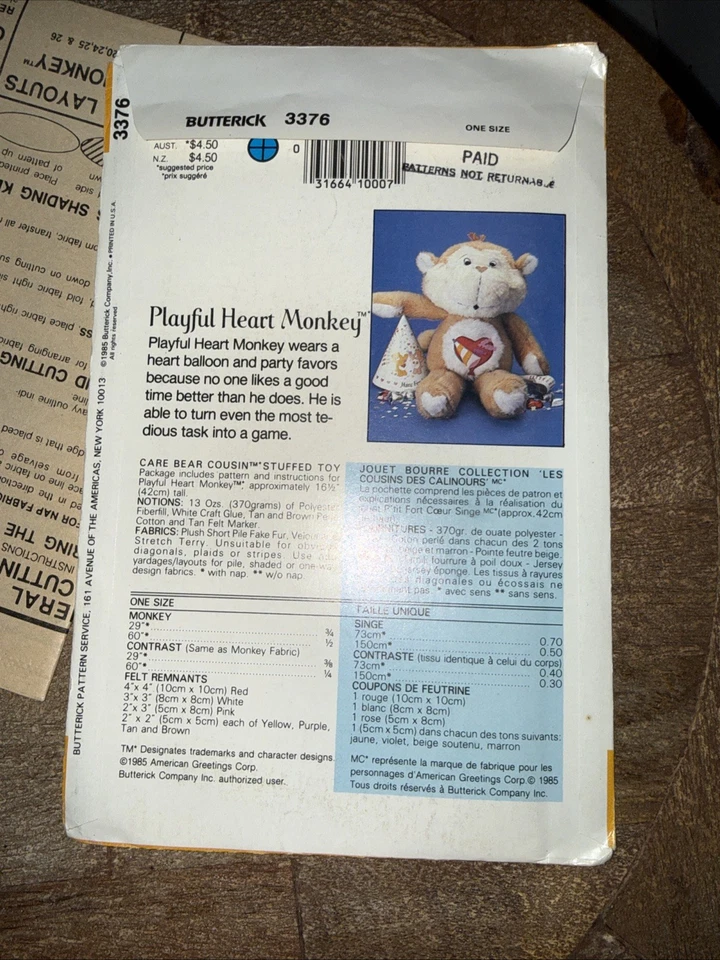 Vtg Care Bear Cousin: Playful Heart Monkey ©1985 Butterick Sewing Pattern # 3376 - Image 2 of 4