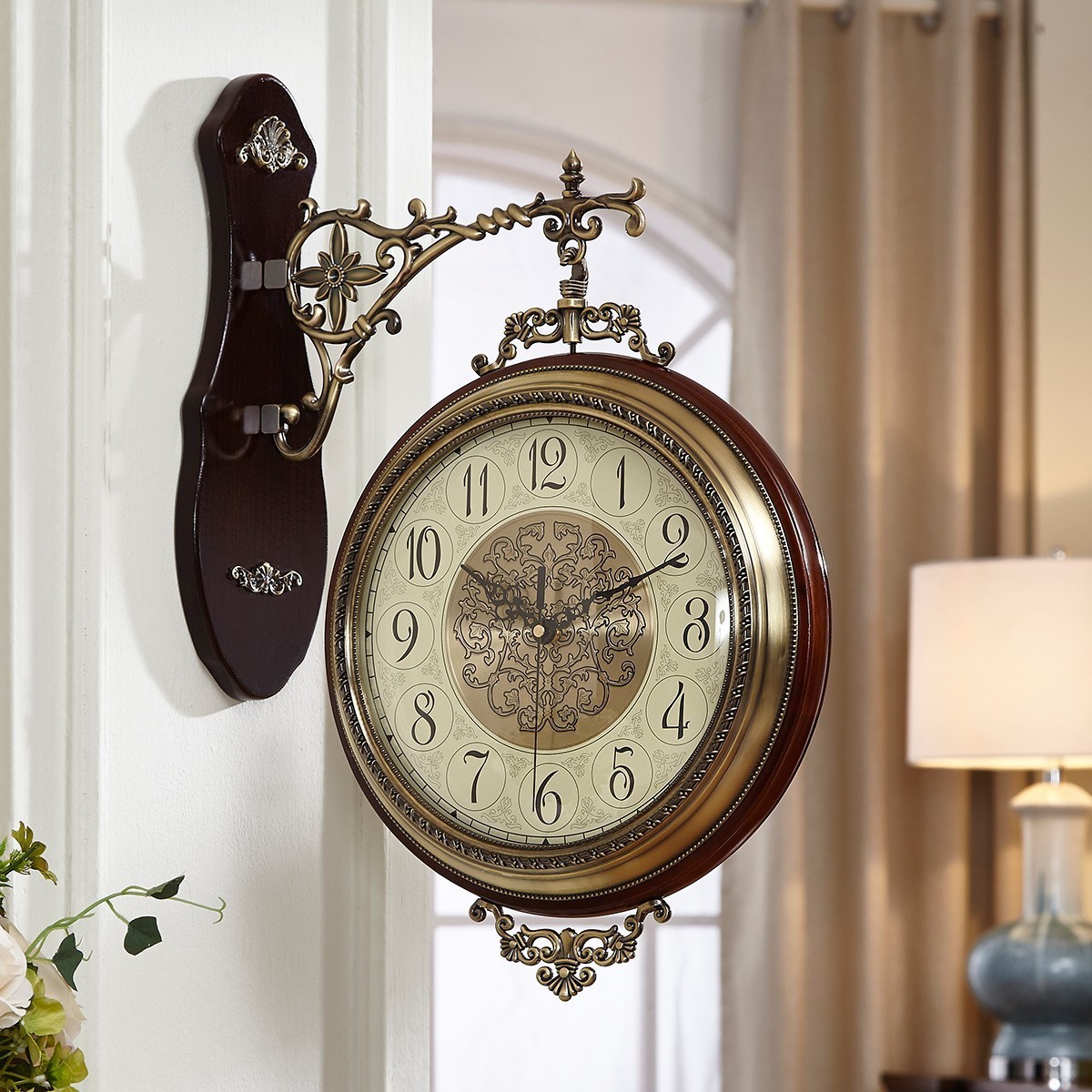 Unique Home Art Wooden Quartz Clock Silent Clock Double Sided Wall Clock Brown