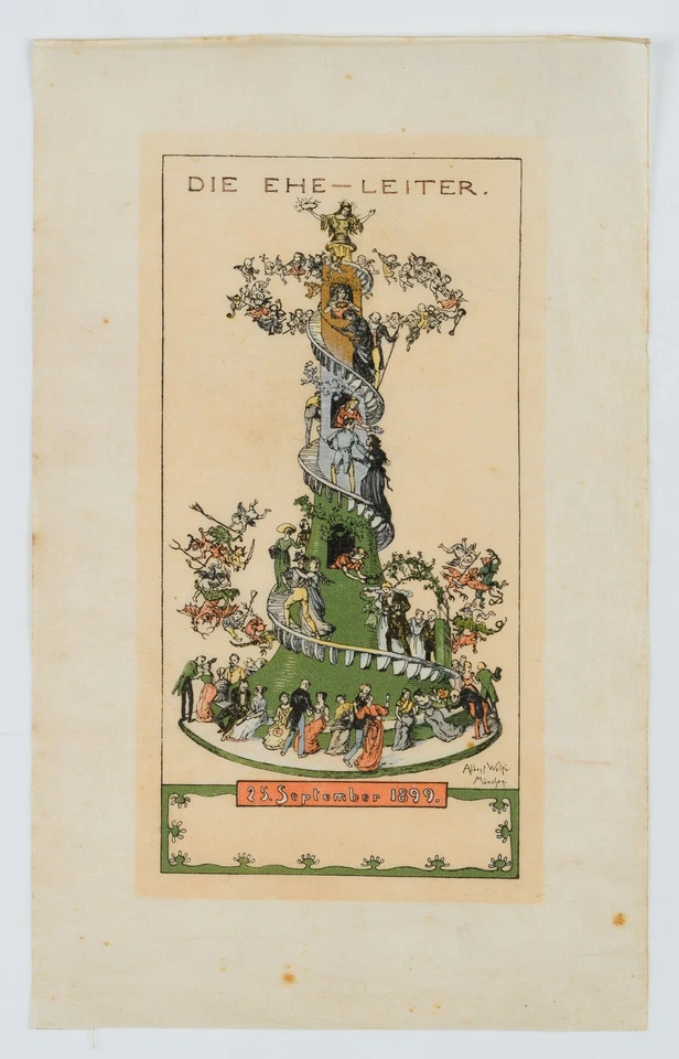 A. WELTI (1862-1912), Die Ehe-Leiter. Tischkarte, 1899, Holzschnitt Biedermeier - Bild 2 von 4