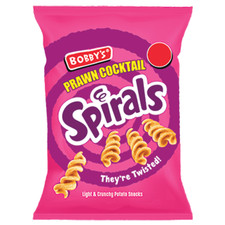 Bobby's Spirals Prawn Cocktail Crisps Full Box Of 28 x Packets at 28g Each Bag