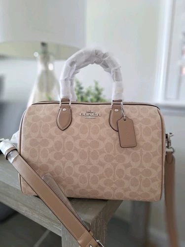 Borsa Coach Rowan grande nuova con etichette in tela firmata CV959 sabbia talpa argento
