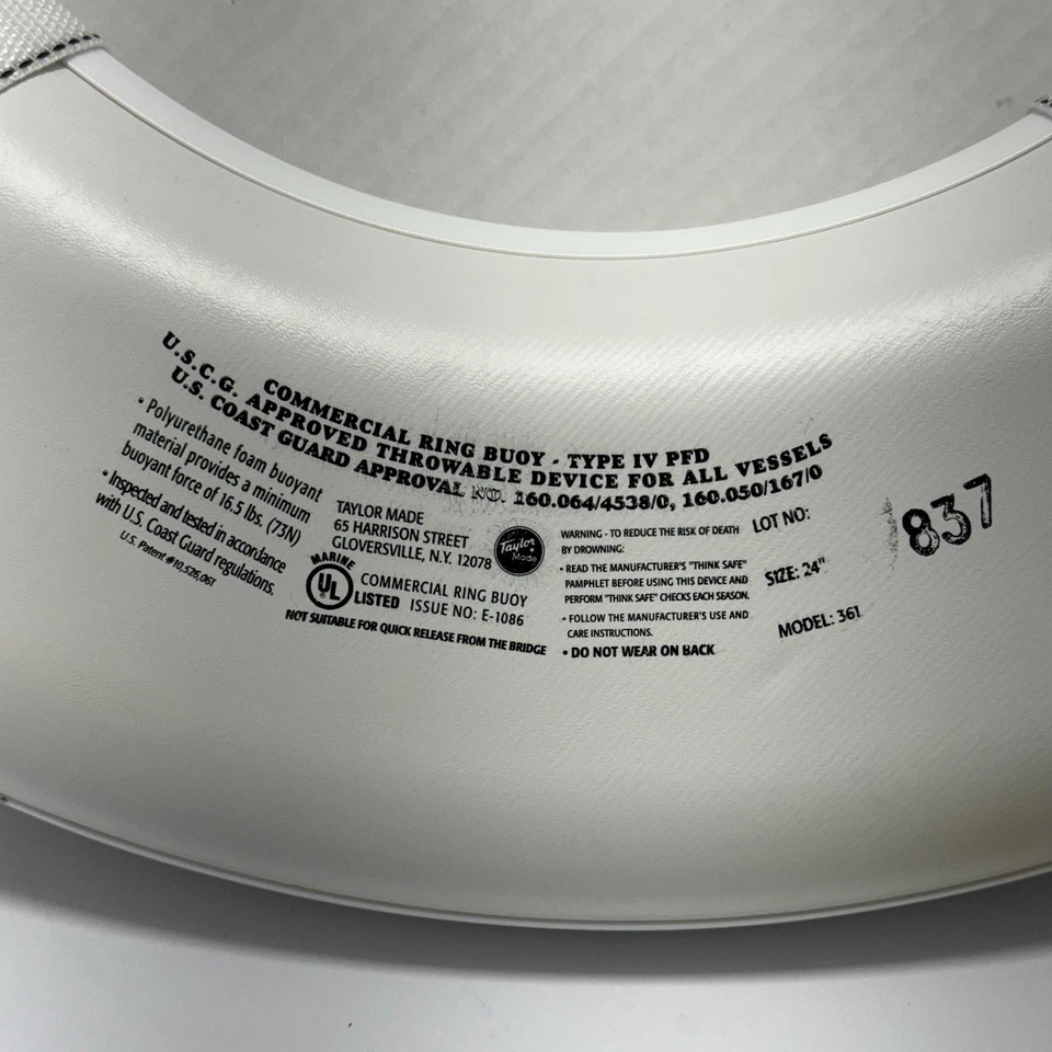 Taylor Made 24" Foam Ring Buoy 361 White w/White Rope New w/Pamphlet Type IV PFD - Image 4 of 4