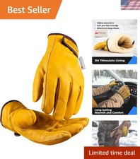 Adjustable Hook and Loop Leather Gloves - Warm Thinsulate Lining for Winter Work