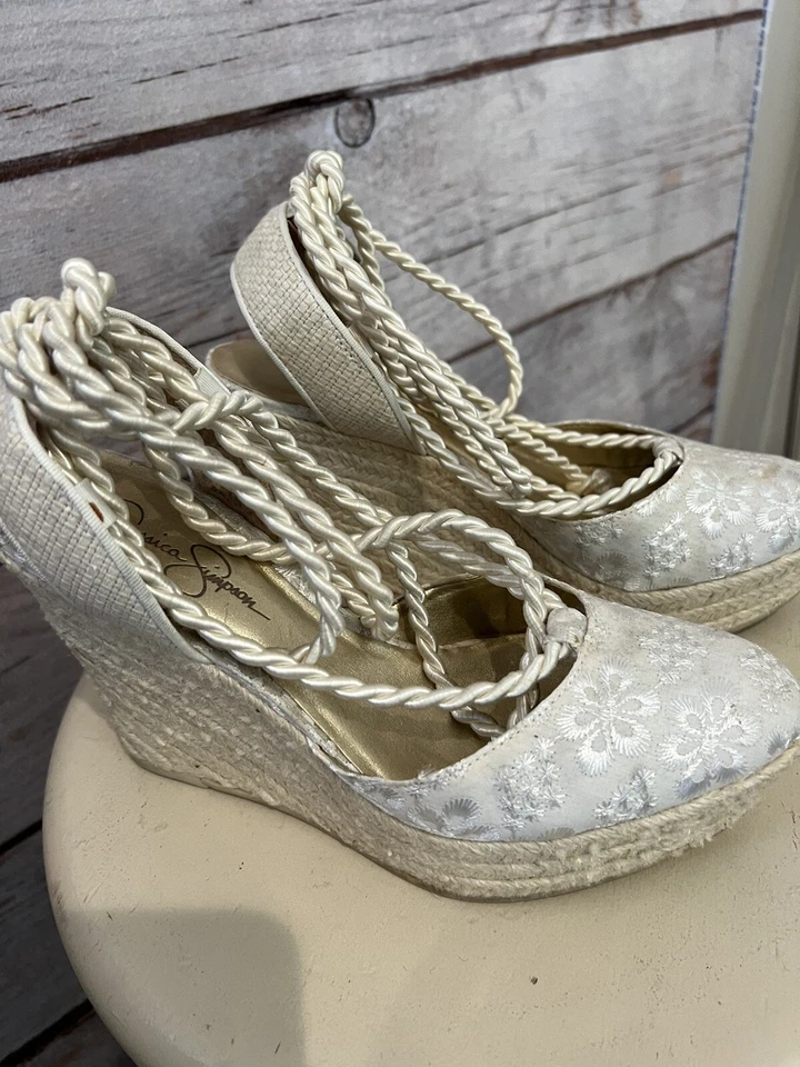 Jessica Simpson 奶油楔形厚底领带踝/小腿女式 US 7.5B 码 — 第 2/4 张图片