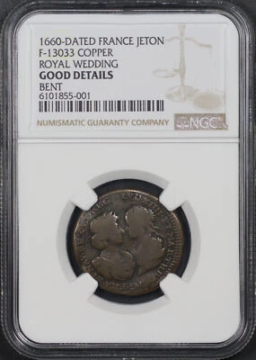 1660-Dated France Copper Royal Wedding Jeton F-13033 NGC G Details Bent - Image 1 of 2