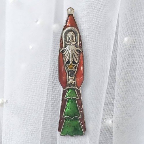 Vintage Metallic Enamel Santa Christmas Tree & Star Silver Tone Brooch