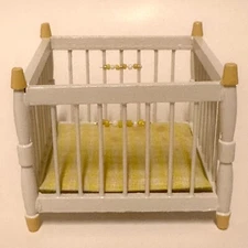Vintage Doll House Concord Miniature White Yellow Playpen Baby Crib Original Box