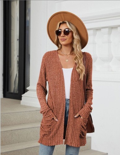 women's thin cardigan Solid color pocket cardigan long sleeve coat for women - Bild 11 von 26