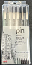 Uni Pin Fineliner Drawing Pens Black Dark Light Grey 0.1 mm 0.5 mm 6 Count