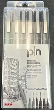 Uni Pin Fineliner Drawing Pens Black Dark Light Grey 0.1 mm & 0.5 mm 6 Count