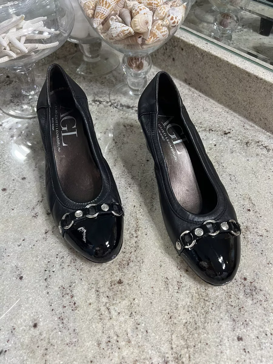 AGL Black Leather and Patent Cap Toe Mid Heel Pumps Size 39 Silver Acct