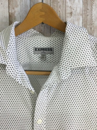 Express Button Down Dress Shirt Polka Dot White Mens Size Large Nylon Silky Feel - Picture 3 of 6