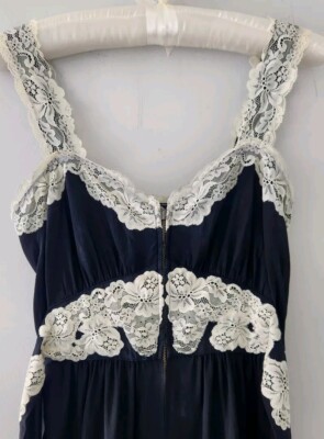 Vtg Betsey Johnson Black Zip Front Tie Back Silk Dress Ivory 