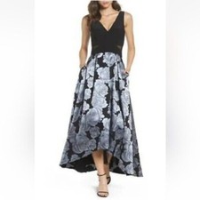 XSCAPE Black Blue Gray Floral Jacquard High Low Sheer Cut-Out Gown Dress 4 US