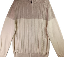 Nautica Sweater Men's L Beige Cotton Jumper with Pockets Ribbed Cable Knit Zip