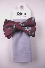 BAR III Red Floral Bow Tie  Gray Pocket Square NEW