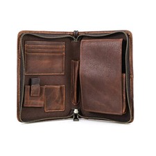 Brown Genuine Leather Cigar Case 5 Slots Wrist Strap Zip Travel Humidor