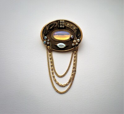 Vintage Designer Marena W-Germany Gold Tone Opal Crystal Pearl Chain Brooch Pin