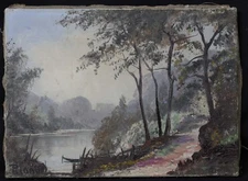 Old Oil On Canvas: Barbizon Lakeside Landscape Signed French School