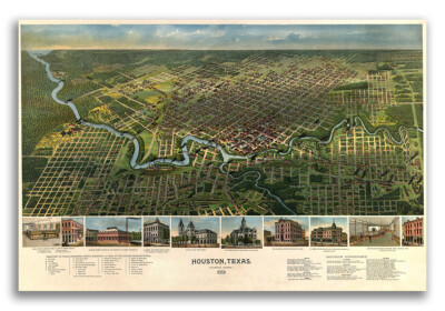 Houston Texas 1891 Historic Panoramic Town Map - 16x24