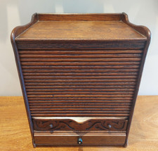 Vintage 1930s tambour front oak stationery cabinet, filing drawers, trays