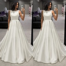 Elegant Wedding Dresses Scoop Neck Satin A Line Satin Sweep Train Bridal Gowns