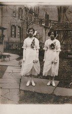 Antique RPPC Postcard Two Young Women White Dresses Standing Yard 1910s