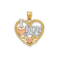 14k Two-Tone Gold Heart Pendant Necklace for Women with Rose Floral Accents