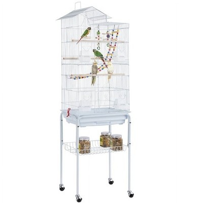 62.4''H Metal Rolling Mid-Size Bird Cage W/ Detachable Stand White
