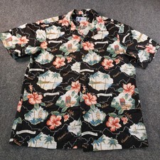 Vintage RJC Hawaiian Camp Shirt Mens L USA Made Black Hibiscus Tropic Aloha