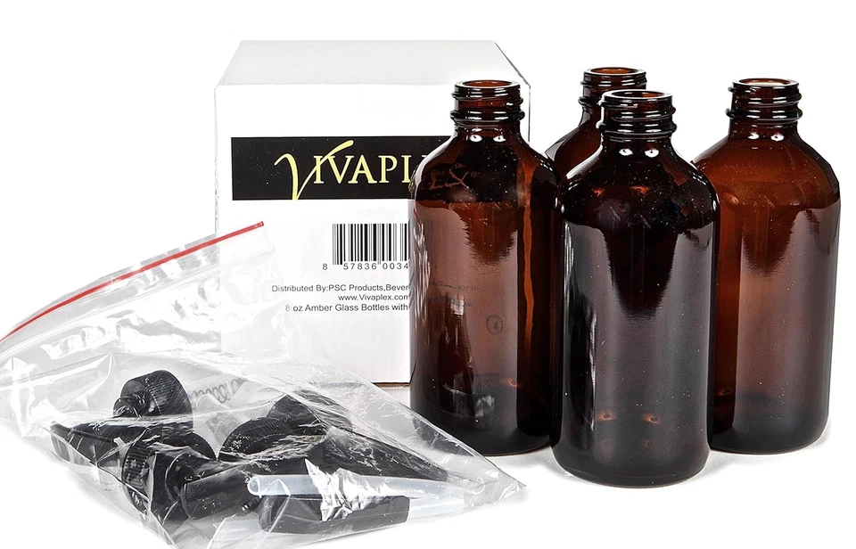 , 4, Large, 8 Oz, Empty, Amber Glass Bottles with Black Lotion Pumps - Image 3 of 4