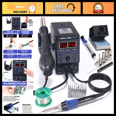 2-in-1 Hot Air Rework & Soldering Iron Station, 10 Tips, 4 Nozzles, °F/°C, Sleep