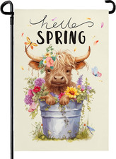 Hello Spring Garden Flag Highland Cow Polyester Yard Spring Cow Garden Flag