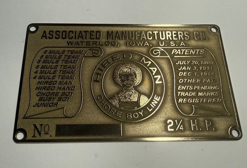Chore Boy, Hired Man, Brass Plate, 3-1/2" X 2-3/8" X  .04" Motor Tag, 2-1/4 Hp.