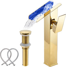 Bathroom Vessel Faucet Gold Waterfall Open Spout Basin Faucet Led Color Changing