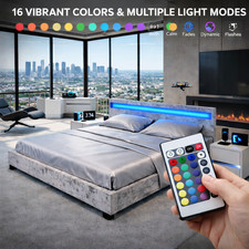 Silver Crushed Upholstered Design Velvet Double Bed Frame – LED with Remote