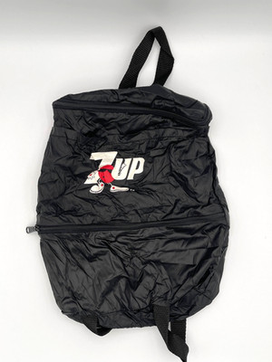 VTG NOS 7UP Cool Spot Zipper Backpack Black Nylon Bag 90s Soda Advertising