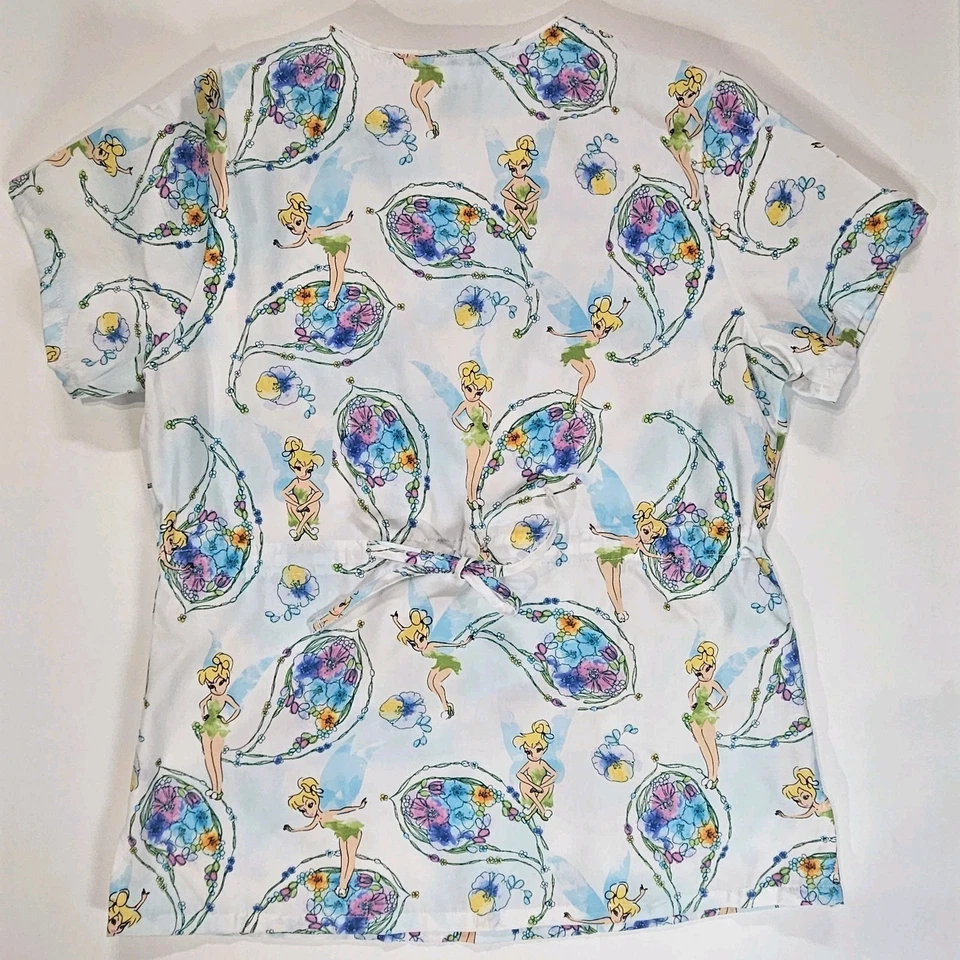 Blusa Médica Disney Para Mujer Pequeña Blanca Campanilla Estampado Gráfico Ropa de Trabajo Foto 2 de 4