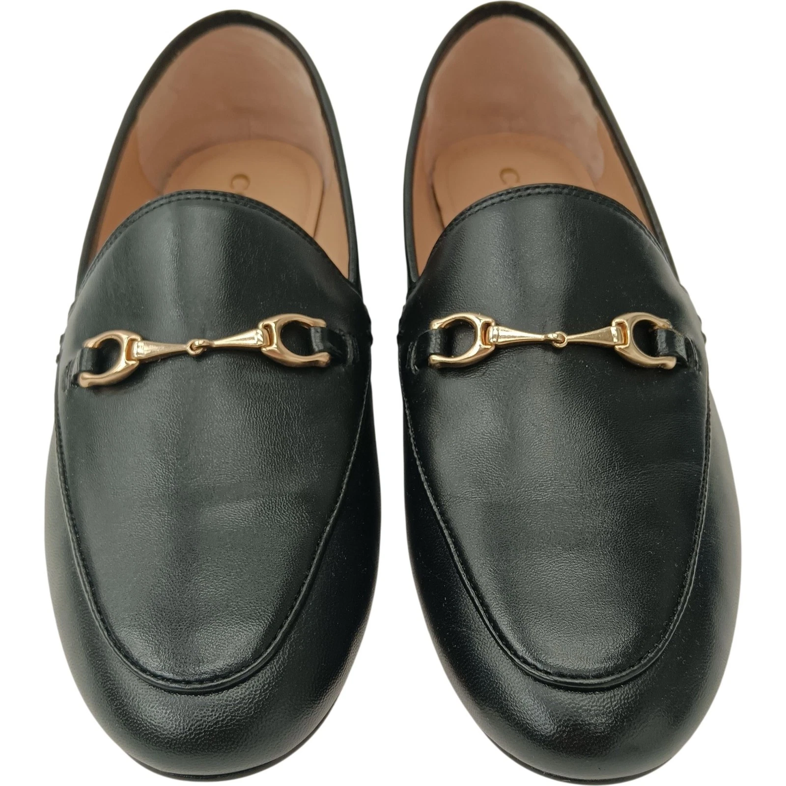 Coach Women's Loafers Size 7.5 Black Leather Slip On Gold Accent Preloved