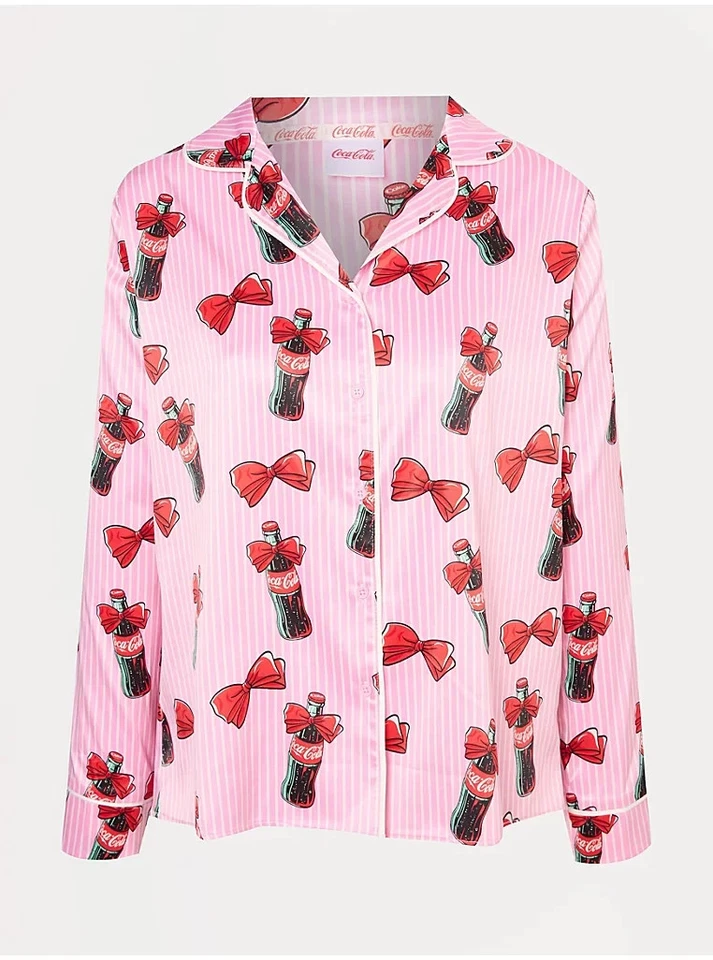Coca Cola Pink Stripe Collared Shirt Pyjamas All sizes available CHRISTMAS Bows - Image 2 of 4