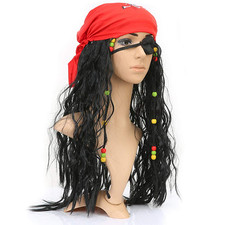 Pirate Costume Wig Halloween Costumes Long Black Curly Pirate Wig with Eyepat...