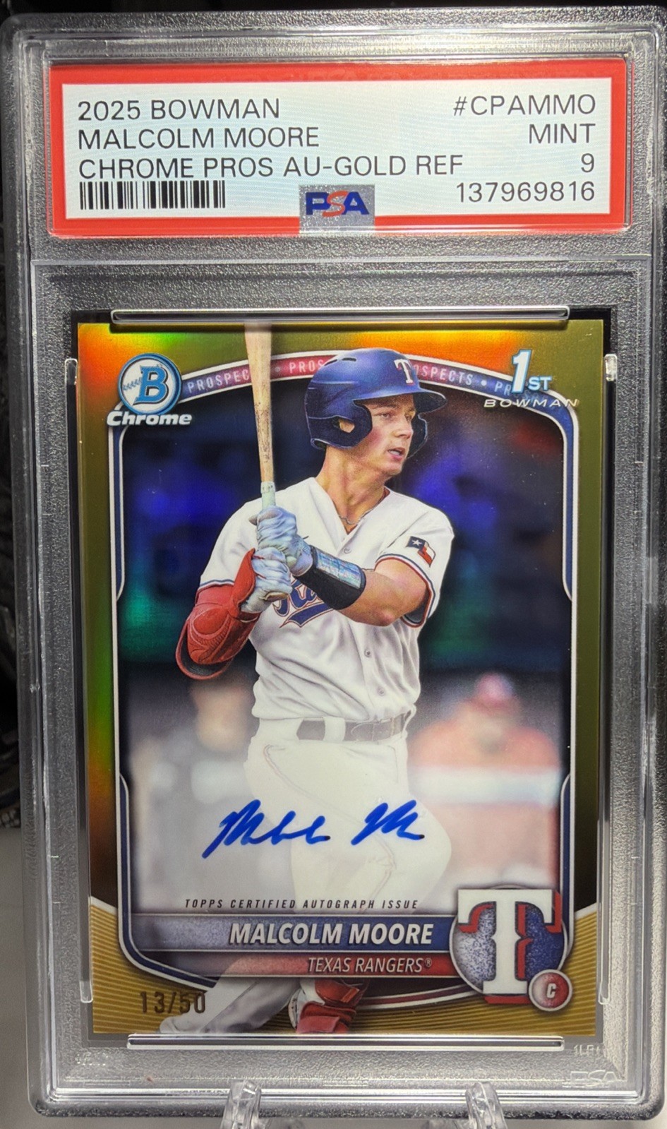 2025 1st Bowman Chrome True Gold Refactor Malcolm Moore Auto #13/50 RC Rangers