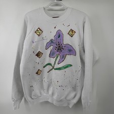 Vintage 90s Hand Painted Floral Sweatshirt Womens OS Cottagecore Embellished