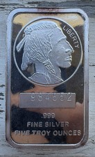 5 Troy oz .999 Fine Silver Bar — Buffalo Indian Head Design — Serial #984652 59.59 per troy oz